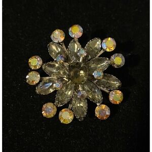 Juliana style Rhinestone Flower Pin Smokey Topaz & Aurora Borealis Rhinestones.